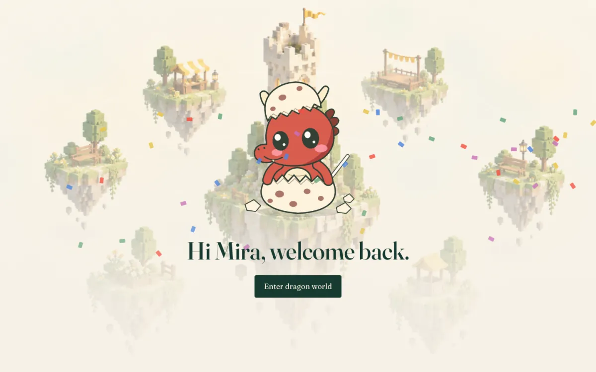 An example welcome: Nell the red dragon hatching in front of floating story islands.