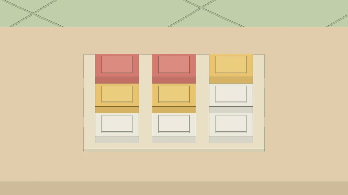 The actual voxel fraction worktop, with a whole partitioned into nine equal pieces and red and yellow pieces combined.