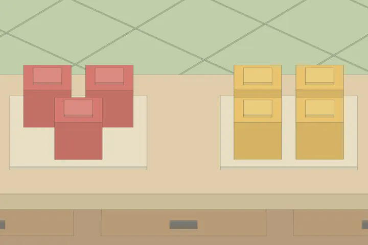 The math worktop, with a group of three red blocks and a group of four yellow blocks for the next lantern stand.