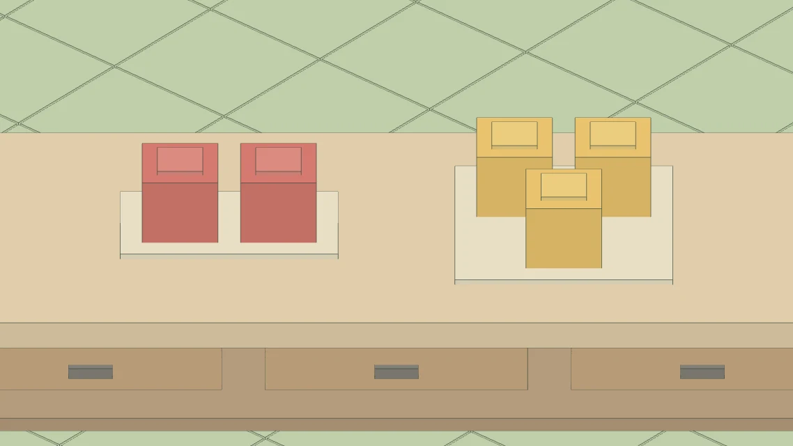 The actual voxel math worktop, with two separate groups of small red and yellow blocks for a lantern stand.