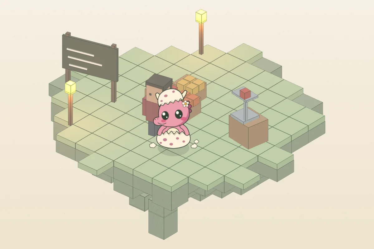 Luz's market as an ink and paper island: a price board, crates of fruit and the scales under warm lanterns, with Luz the pink dragon beside a child.